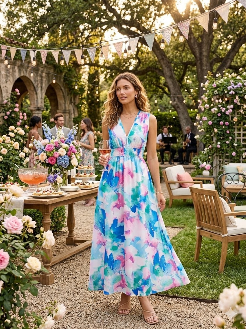 Sleeveless V-Neck Watercolor Floral Maxi Dress - Blue Pink